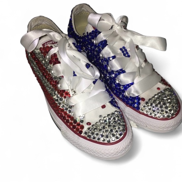 USA Theme Red Sapphire Blue White & Crystal Low Top Converse Sizes 5-14 New - Picture 3 of 12